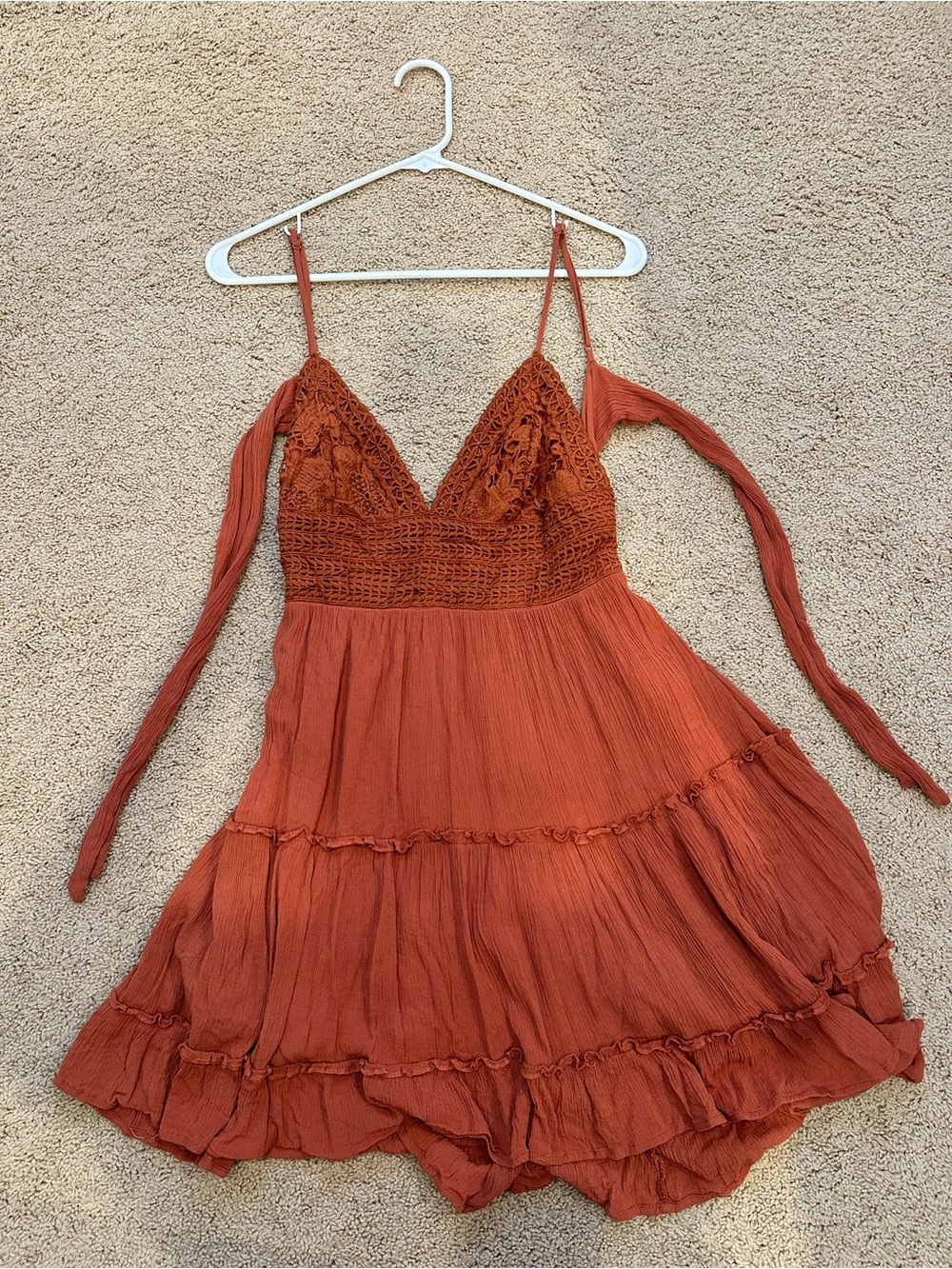 Rust Crochet Bodice Tiered Mini Dress - Women